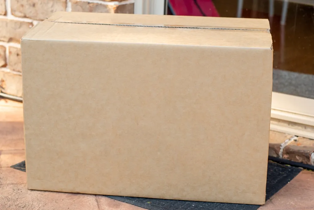 Una gran caja de cartón corrugado rectangular sellada, dejada en el felpudo de la entrada de una casa lista para envío.